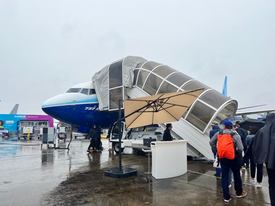 Boeing 737 MAX 10 testbed view from outside looking at the nose.