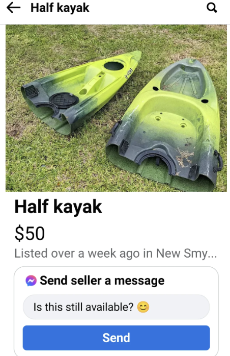 Two-section green kayak for sale on Facebook Marketplace. Price listed as $50. Option to message seller with "Is this still available?" prompt