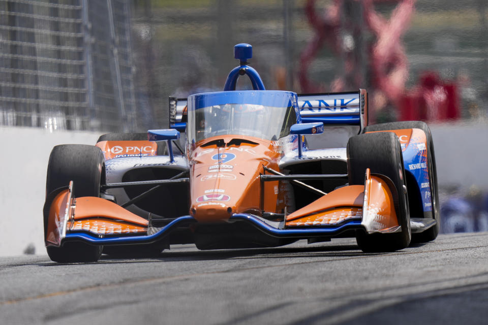 Scott Dixon, of New Zealand, drives during a practice session at the IndyCar auto race in Toronto, Friday, July 14, 2023. (Andrew Lahodynskyj/The Canadian Press via AP)