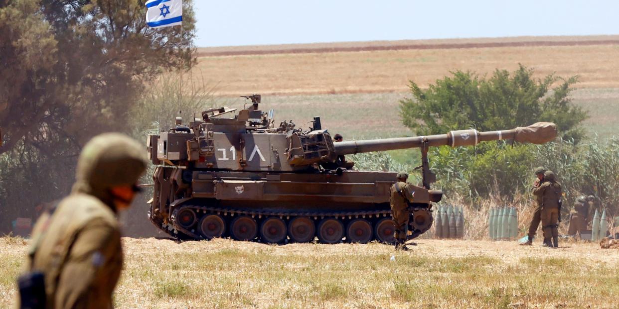 An Israeli 155mm self-propelled howitzer is deployed during shelling towards the Gaza Strip from their position along the border with the Palestinian enclave on May 19, 2021.