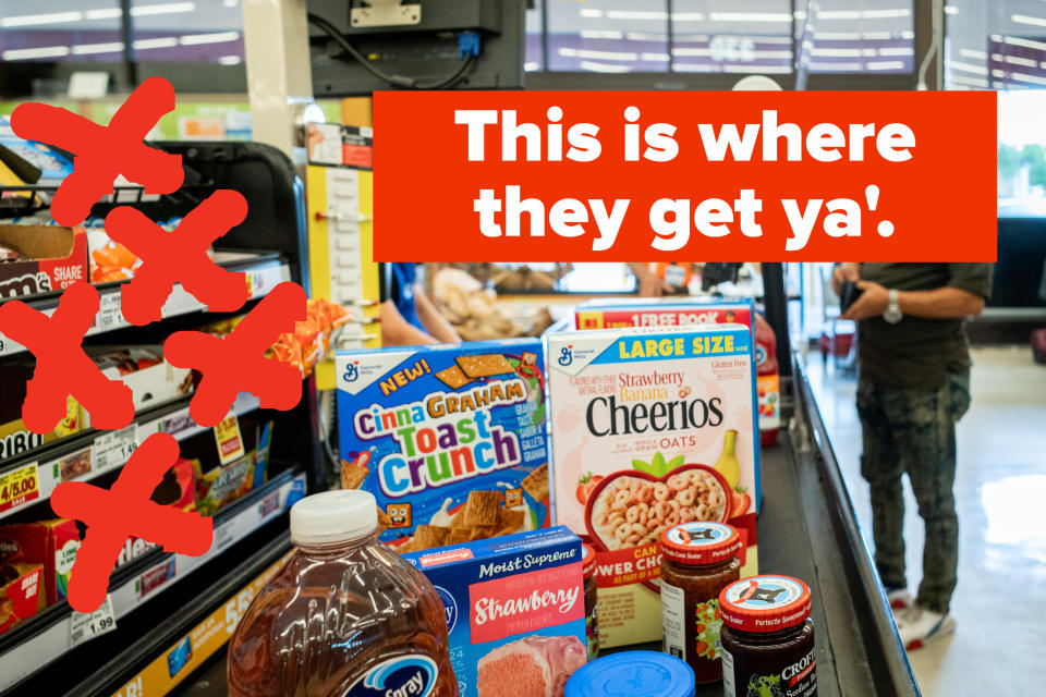 candy display next to grocery checkout with red exes drawn over the items