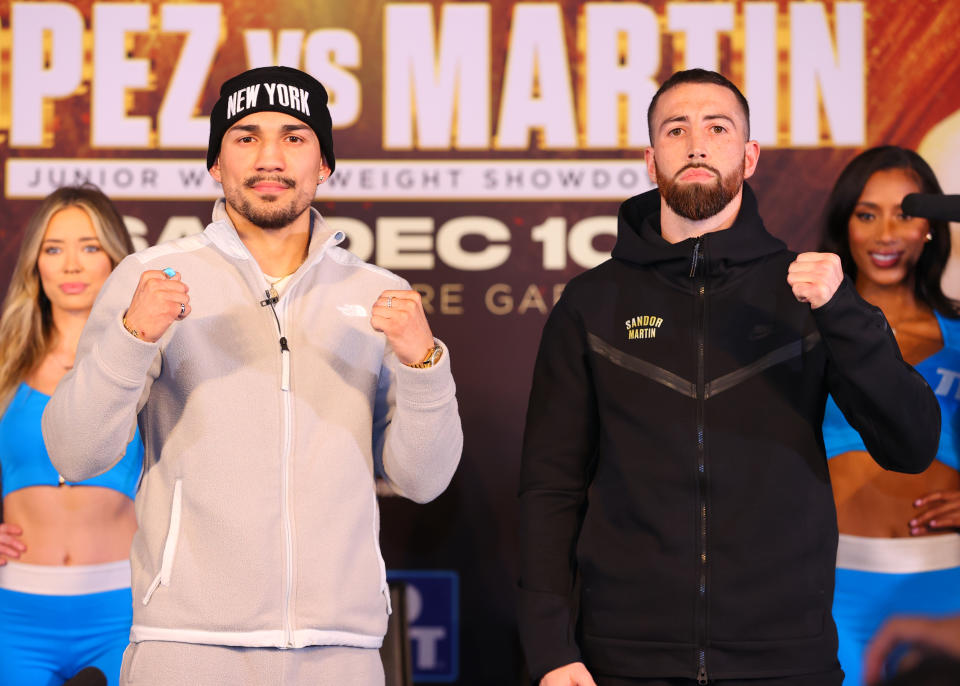 Teofimo Lopez (left) hopes to defeat Sandor Martin (right) on Saturday at Madison Square Garden and get a big bout in April. (Photo by Mikey Williams/Top Rank Inc via Getty Images)