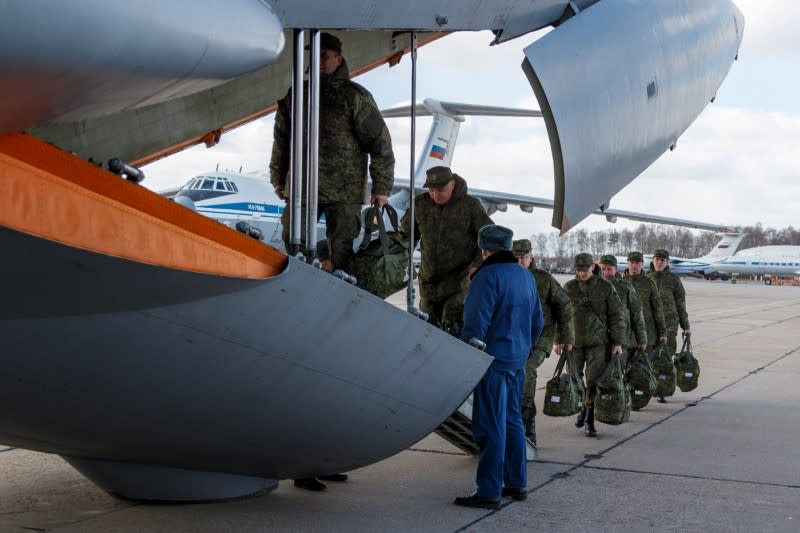 The Russian military send medical supply to Italy at an airdrome in Moscow region