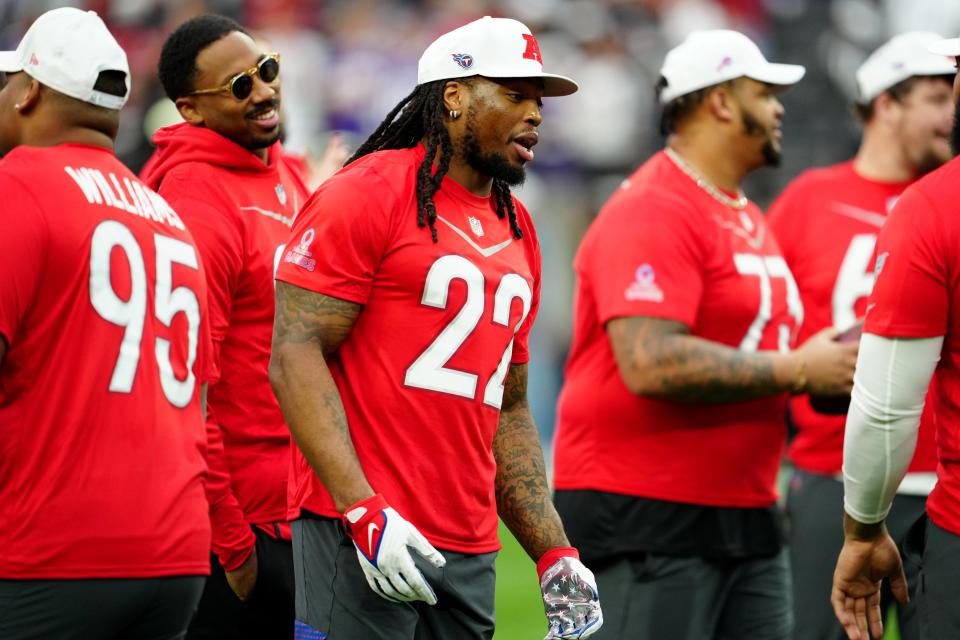 LAS VEGAS, NEVADA – FEBRUARY 05: Derrick Henry #22 of the Tennesse Titans and AFC warms up during the 2023 NFL Pro Bowl Games at Allegiant Stadium on February 05, 2023 in Las Vegas, Nevada. (Photo by Jeff Bottari/Getty Images)