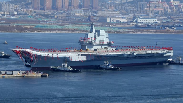 China's second aircraft carrier, Type 001A, is launched during a ceremony at the Dalian shipyards on April 26, 2017