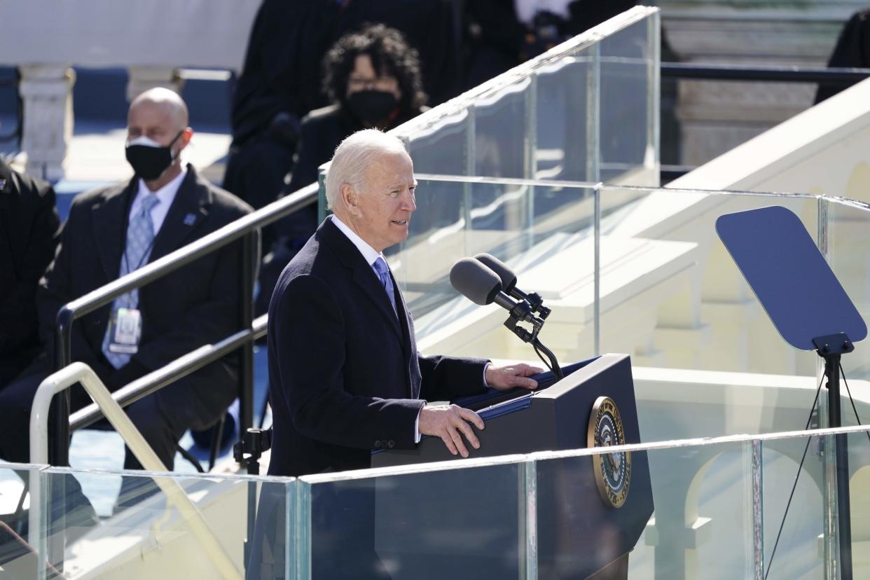 <p>US President Joe Biden delivers his inauguration speech after being sworn in as the 46th president of the US on 20 January 2021, at the US Capitol in Washington, DC</p> ((POOL/AFP via Getty Images))