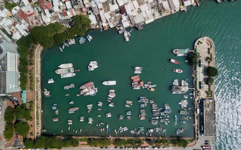 An aerial view shows boats in a 'typhoon shelter' next to the flood prone coastal village of Lei Yu Mun, two days before the expected arrival of Super Typhoon Mangkhut in Hong Kong  - Credit: Anthony Wallace/AFP