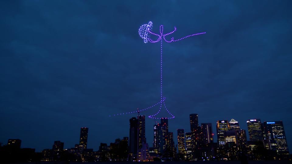 Drones forming a hat on a coat stand, part of the insurance company Beazley's marketing imagery.