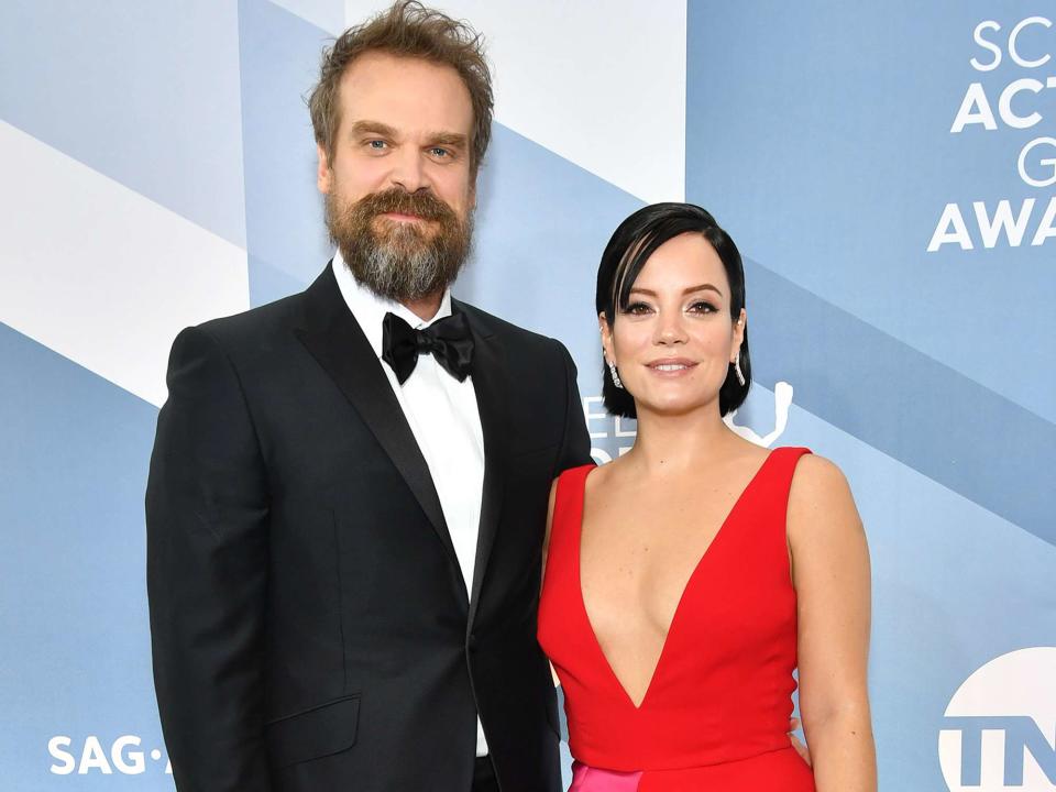 <p>Amy Sussman/WireImage</p> David Harbour and Lily Allen