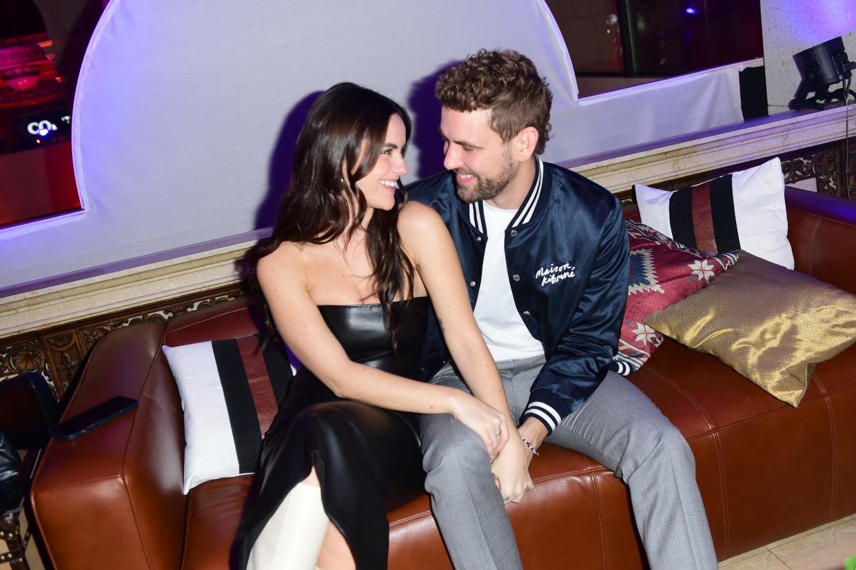 Natalie Joy and Nick Viall attend the Allstate Party at the Playoff, hosted by ESPN & CFP on January 07, 2023 in Los Angeles, California.