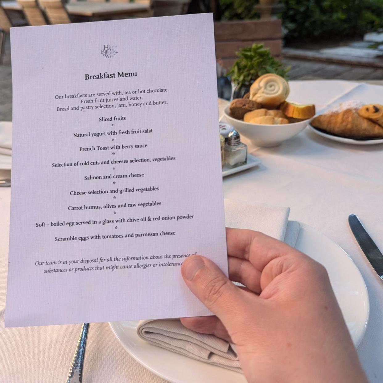 The breakfast menu at Hotel Heureka