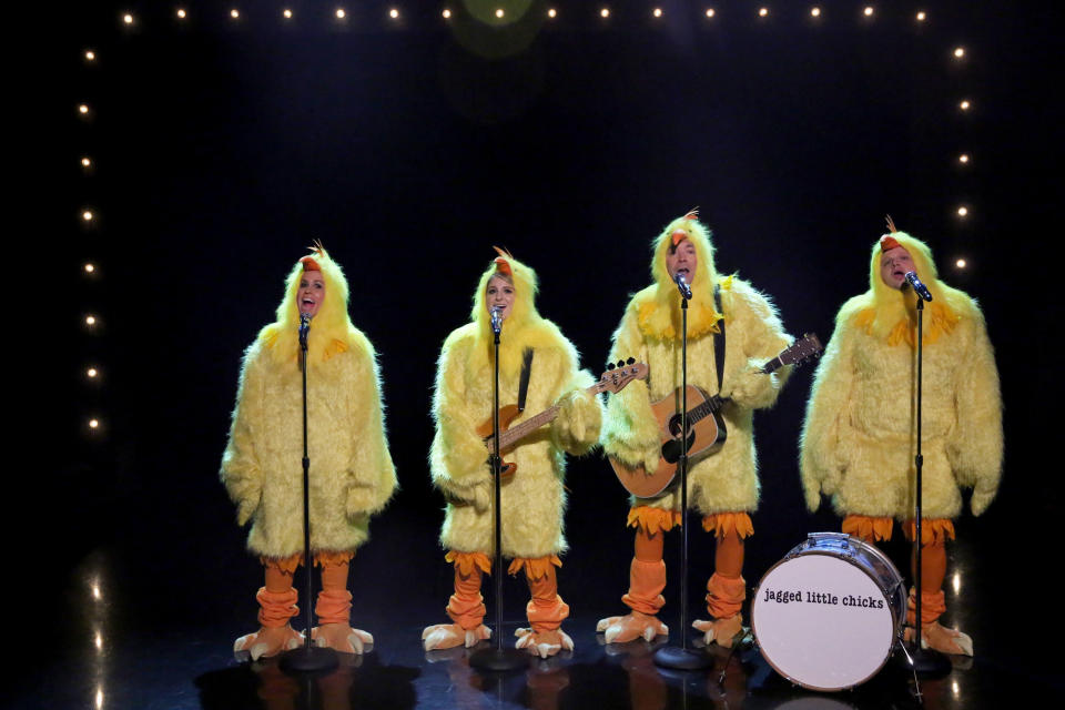 Singer Alanis Morissette, Singer Meghan Trainor, host Jimmy Fallon, and Chris Tartaro during the 'Chickeneers' sketch on November 3, 2015 -- (Photo by: Douglas Gorenstein/NBC/NBCU Photo Bank via Getty Images)