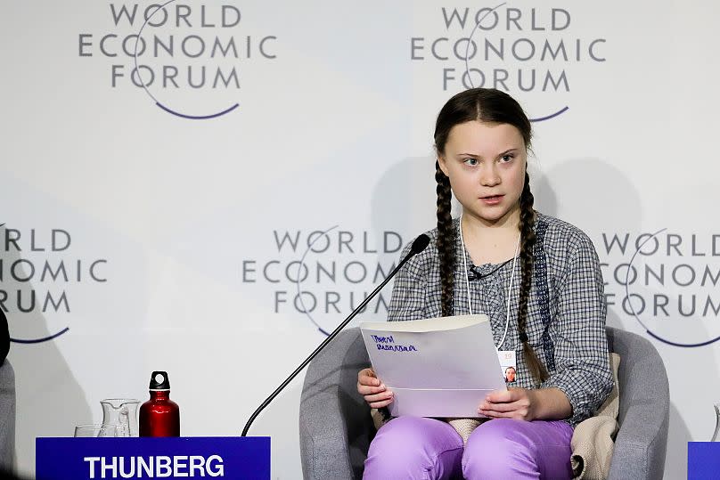 Klimaaktivistin Greta Thunberg hält eine Rede während einer Sitzung des Weltwirtschaftsforums in Davos, Schweiz, Freitag, 25. Januar 2019