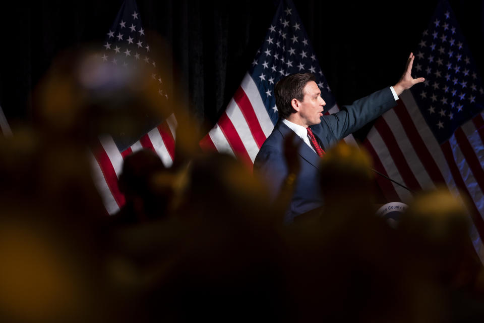 Florida Governor Ron DeSantis speaks at a Midland County Republican Party breakfast in Midland, Mich., on Thursday, April 6, 2023. DeSantis visited the central Michigan community for a county GOP event Thursday before heading to speak at Hillsdale College. (Kaytie Boomer/The Bay City Times via AP)