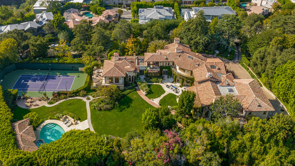 An aerial view of the palatial digs at 1550 Amalfi Drive in Pacific Palisades, CA