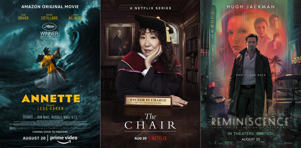 This combination photo shows promotional art for “Annette,” premiering Aug. 20 on Amazon Prime, left, “The Chair,” a series premiering August 20 on Netflix and “Reminiscence,” a film premiering August 20 on HBO Max. (Amazon Prime/Netflix/HBO Max via AP)