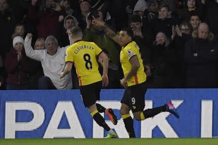 Britain Football Soccer - Watford v West Ham United - Premier League - Vicarage Road - 25/2/17 Watford's Troy Deeney celebrates scoring their first goal Reuters / Toby Melville