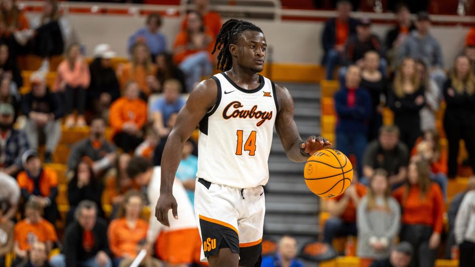 Oklahoma State guard Jamyron Keller (14) had a season-high 22 points in their 93-83 upset of BYU Saturday.