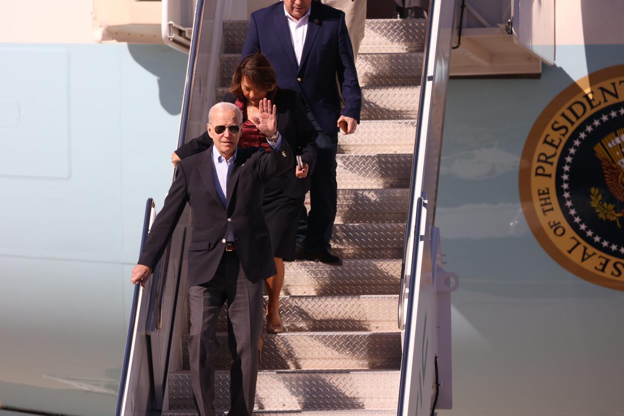 President Biden lands at El Paso International Airport aboard Air Force One. Biden will address new border enforcement operations and humanitarian efforts along the U.S.-Mexico border during visit.