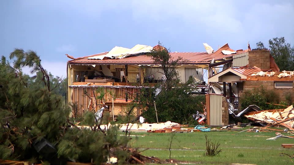 A home damaged by storms Thursday in between Hawley and Hodges, Texas. - KTXS
