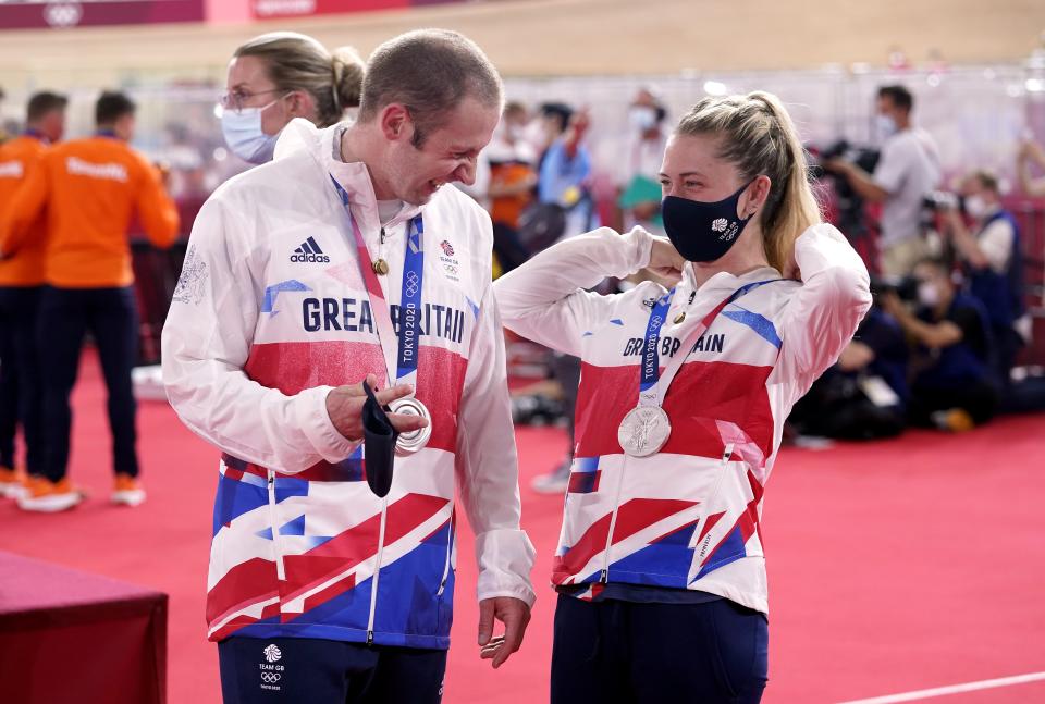 Great Britain’s Laura Kenny and Jason Kenny with their silver medals at the Izu Velodrome (Danny Lawson/PA) (PA Wire)