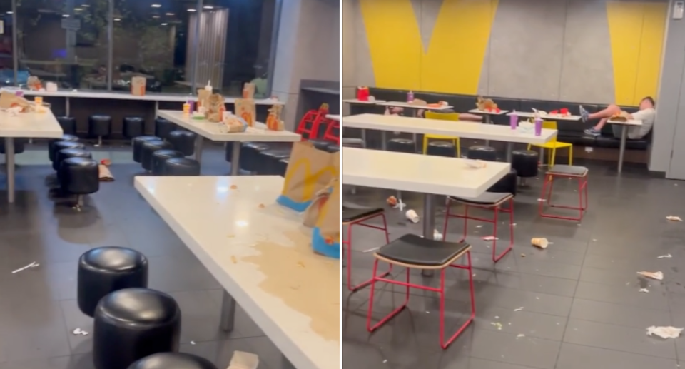 Screenshots from the TikTok video shows tables and floors at the Newcastle McDonald's are covered in rubbish.