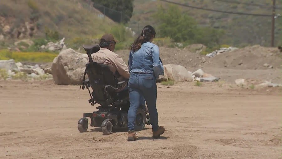 Fernando Ibarra and his wife on their Reche County ranch in Riverside County. (KTLA)