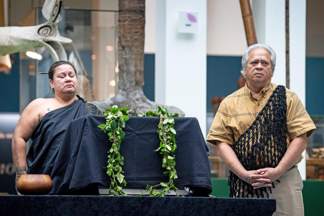 Edward Halealoha Ayau, right, was part of a Hawaiian delegation that traveled to Germany in 2022 to accept the return of human remains from a museum in Bremen.  (Sina Schuldt / picture alliance via Getty Images)