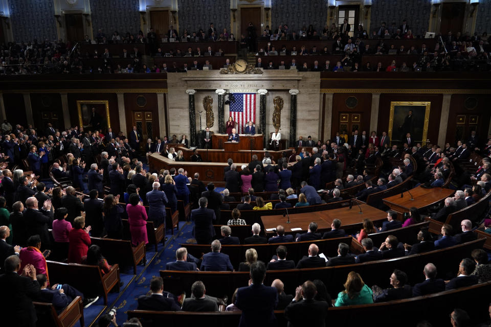 FILE - President Joe Biden delivers the State of the Union address to a joint session of Congress at the U.S. Capitol, Feb. 7, 2023, in Washington. It’s an annual process that former presidential speechwriters say take months. Speechwriters have the uneviable task of taking dozens of ideas and stitching into a cohesive narrative of a president’s vision for the year. (AP Photo/Patrick Semansky, File)