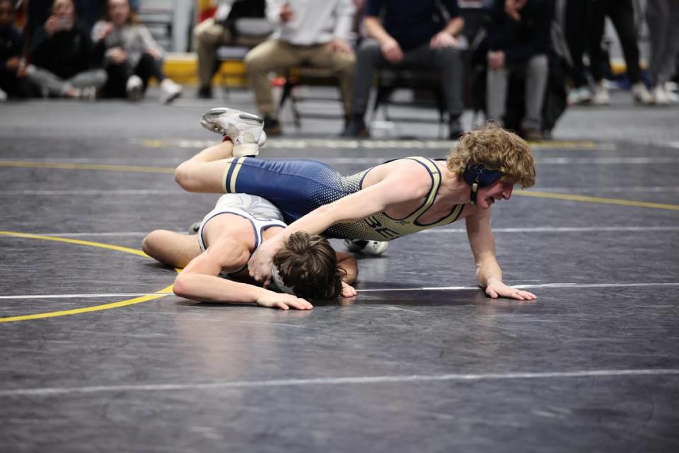 Bald Eagle Area’s Lucas Fye looks to turn Notre Dame Green Pond’s Gavyn Kelton in their 133-pound bout of the Eagles’ 41-16 loss on Thursday in the PIAA Class 2A dual championships first round. Kelton topped Fye, 9-3.