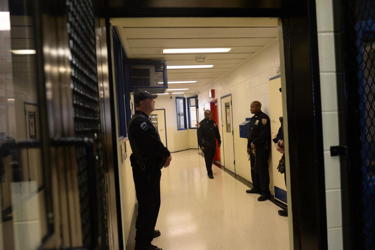 Rikers Island security is pictured during a tour of New York City Mayor de Blasio in 2015. 