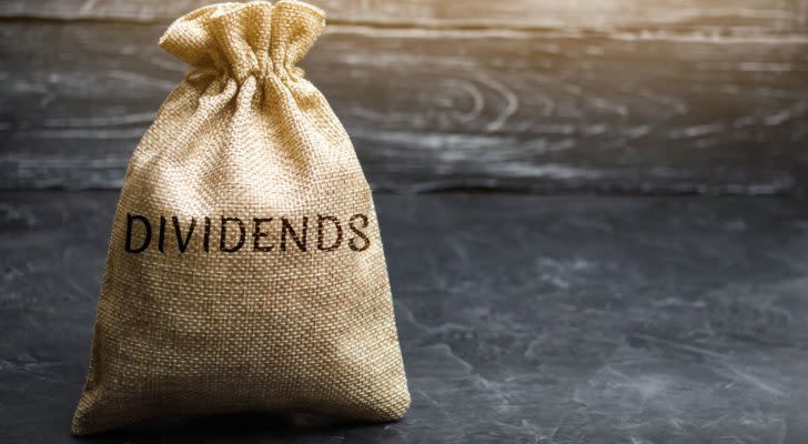 a bag on a table with the word "dividends" on it. represent dividend stocks to buy