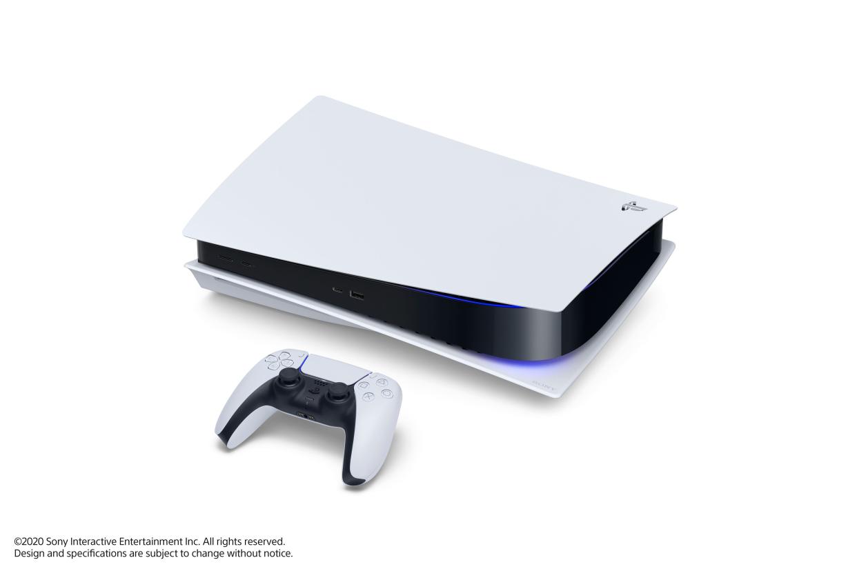 The PlayStation 5 digital console and standard version (at right) and DualSense controller