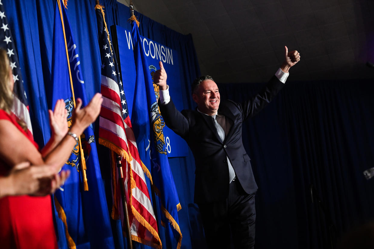 Republican gubernatorial candidate Tim Michels gives the thumbs up during his primary election night event at on Aug. 9, 2022, in Waukesha, Wis. (Joshua Lott/The Washington Post / via Getty Images file)