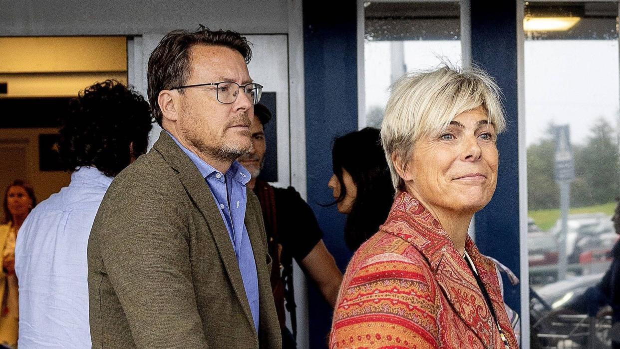 Dutch Princess Laurentien and Prince Constantijn arriving at the Alesund airport in Norway for the upcoming wedding of Norwegian Princess Martha Louise and American Shaman Durek 