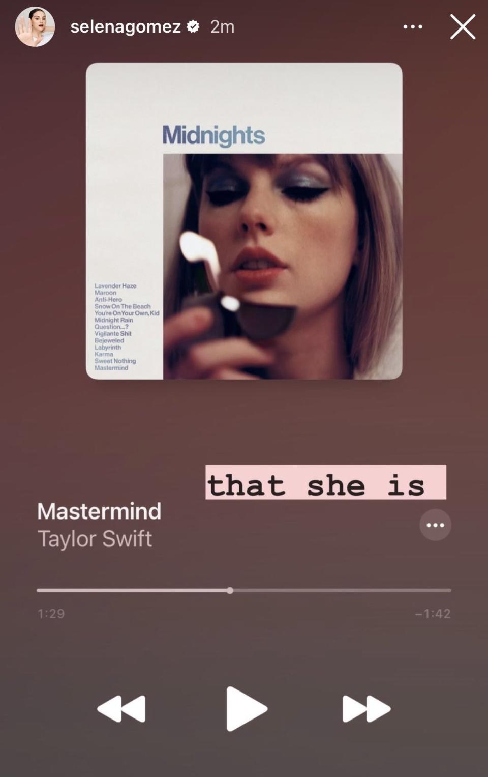 selena's screenshot of her listening to mastermind