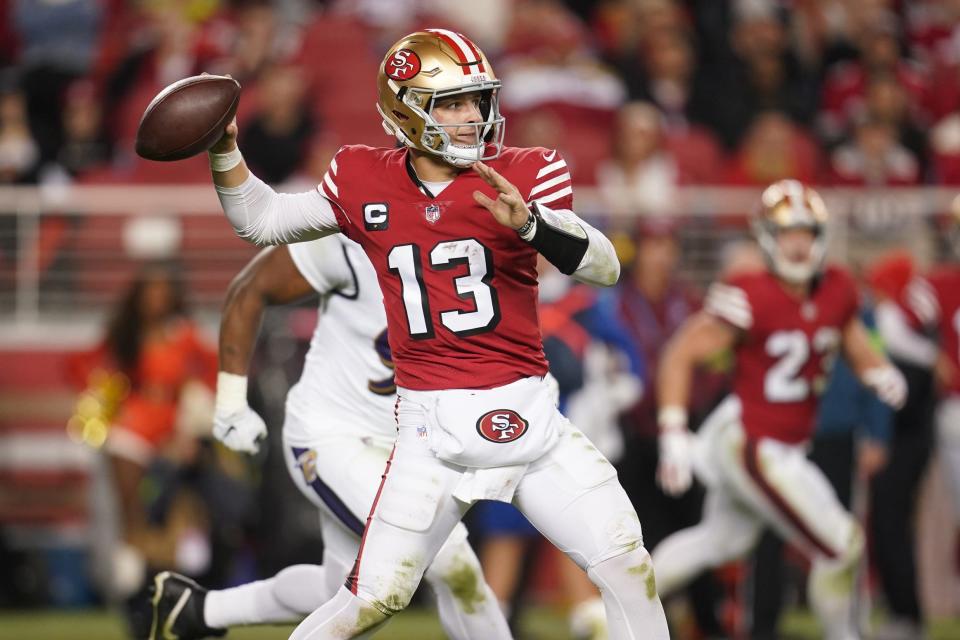 Dec 25, 2023; Santa Clara, California, USA; San Francisco 49ers quarterback Brock Purdy (13) throws a pass against the Baltimore Ravens in the fourth quarter at Levi's Stadium. Mandatory Credit: Cary Edmondson-USA TODAY Sports