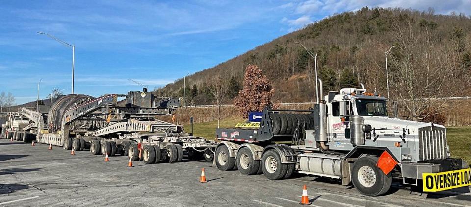 This tractor-trailer is hauling a 294-ton, 213-foot superload through eastern Pennsylvania in a photo that the Pennsylvania Department of Transportation provided on Thursday. The rig is carrying an empty steel tank from a decommissioned nuclear reactor in West Milton, New York, a hamlet in Saratoga County in the east-central part of that state. The journey started Wednesday night in West Milton, and the rig entered northeastern Pennsylvania in Susquehanna County. The trip is scheduled to end on Jan. 21 at Alaron Nuclear Services in Wampum, Lawrence County.