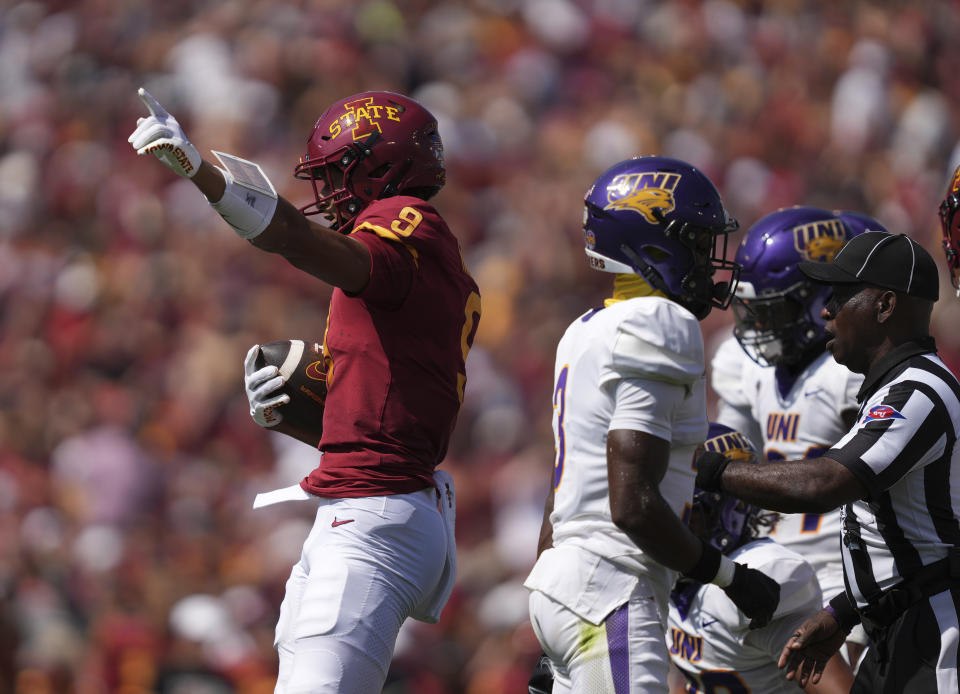 Iowa State wide receiver Jayden Higgins (9) signals a first down during the first half of an NCAA college football game against Northern Iowa, Saturday, Sept. 2, 2023, in Ames, Iowa. (AP Photo/Matthew Putney)