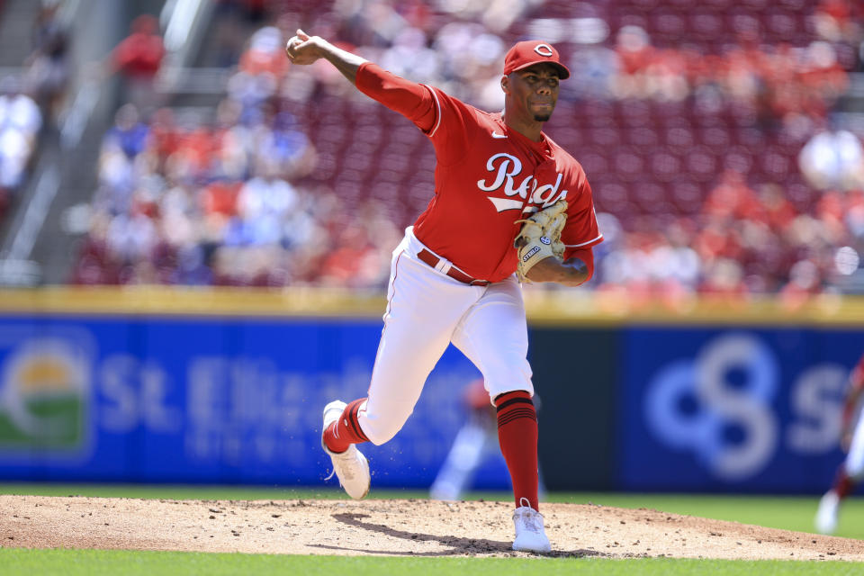 Cincinnati Reds' Hunter Greene throws during the second inning a baseball game against the Los Angeles Dodgers in Cincinnati, Thursday, June 23, 2022. (AP Photo/Aaron Doster)