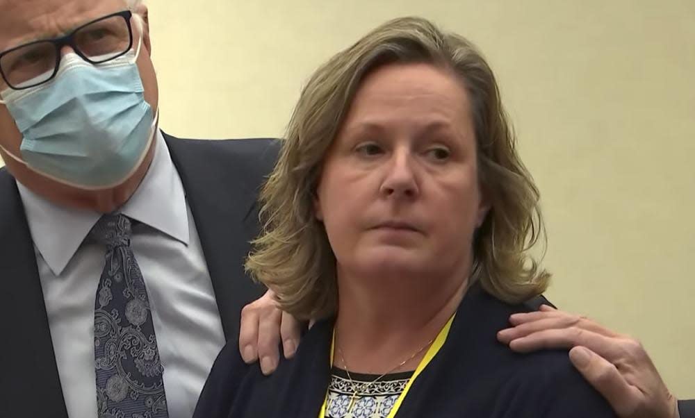 In this screen grab from video, former Brooklyn Center Police Officer Kim Potter stands with defense attorney Earl Gray, as the verdict is read Dec.,23, 2021 at the Hennepin County Courthouse in Minneapolis. (Court TV via AP, Pool, File)