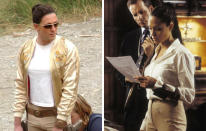 <b>Movie star stunt doubles</b><br><br> <b>Beauty and the beast…</b> something’s not right here. Yes, <b>Angelina Jolie’s</b> stunt double on ‘Tomb Raider’ was a particularly butch bloke with a wig and fake boobs. Those trousers look a tight fit. (Credit: Rex) <br><br><b>[Related gallery: <a href="http://uk.movies.yahoo.com/photos/best-movie-star-lookalikes-slideshow/" data-ylk="slk:Best movie star lookalikes;elm:context_link;itc:0;sec:content-canvas;outcm:mb_qualified_link;_E:mb_qualified_link;ct:story;" class="link  yahoo-link">Best movie star lookalikes</a>]</b>