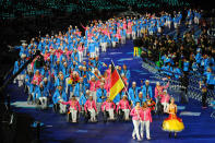 LONDON, ENGLAND - AUGUST 29: Swimmer Daniela Schulte of Germany carries the flag during the Opening Ceremony of the London 2012 Paralympics at the Olympic Stadium on August 29, 2012 in London, England. (Photo by Gareth Copley/Getty Images)