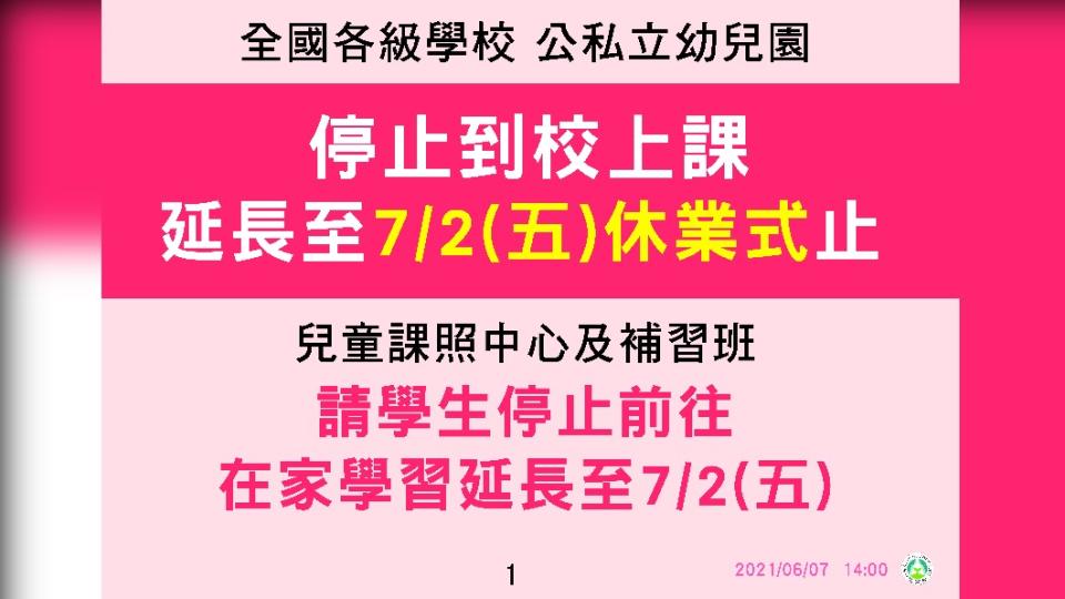 國各級學校、公私立幼兒園停止到校上課延長至7/2修業式止。（圖／教育部）