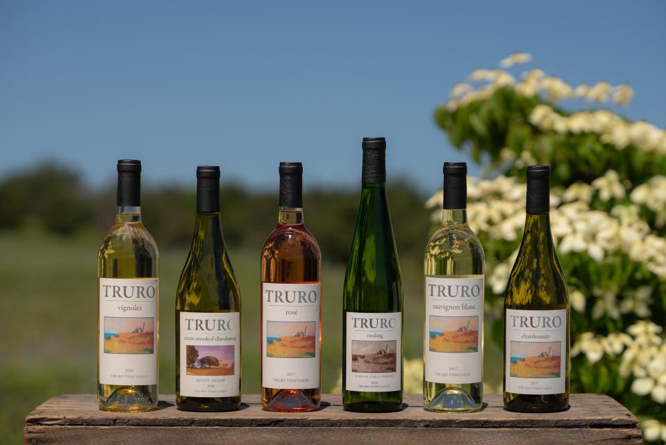 A lineup of some of the wines made and sold by Truro Vineyards.