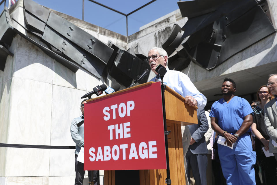 Democratic Sen. Jeff Golden speaks during a news conference and rally against the Republican Senate walkout at the Oregon State Capitol in Salem, Ore., Tuesday, June 6, 2023. (AP Photo/Amanda Loman)