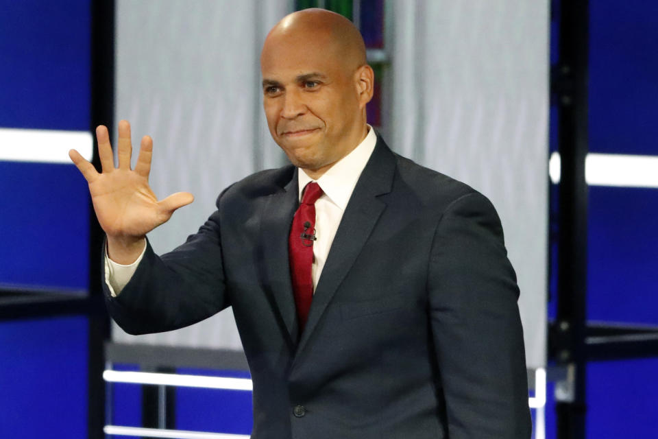 Democratic presidential candidate Sen. Cory Booker, D-N.J., walks on the stage before a Democratic presidential primary debate in Atlanta on Nov. 20, 2019. | John Bazemore—AP