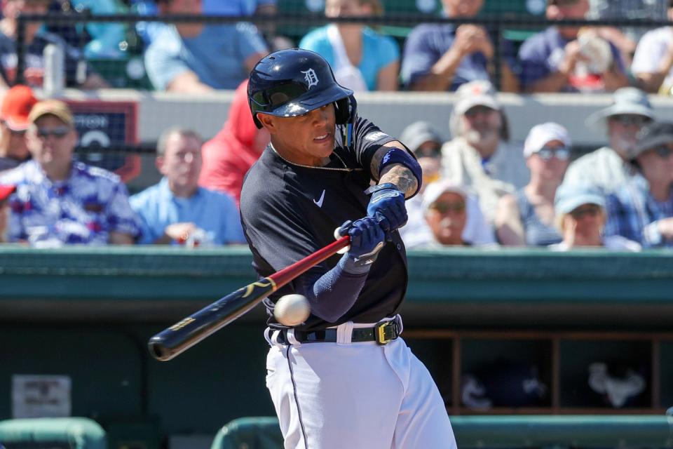 Detroit Tigers third baseman Gio Urshela bats during the third inning against the Toronto Blue Jays at Publix Field at Joker Marchant Stadium on Thursday, Feb. 27, 2024 in Lakeland, Florida.