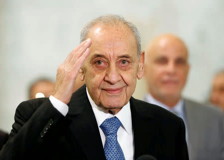 FILE PHOTO: Parliament Speaker Nabih Berri gestures at the presidential palace in Baabda, near Beirut, Lebanon November 3, 2016. REUTERS/Mohamed Azakir/File Photo