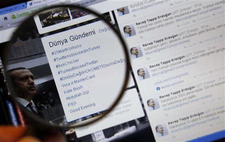 An illustration picture taken through a magnifying glass, shows 'Twitter banned in Turkey' as they second highest trending story on the global agenda list on Turkish Twitter, in Istanbul March 21, 2014. REUTERS/Murad Sezer